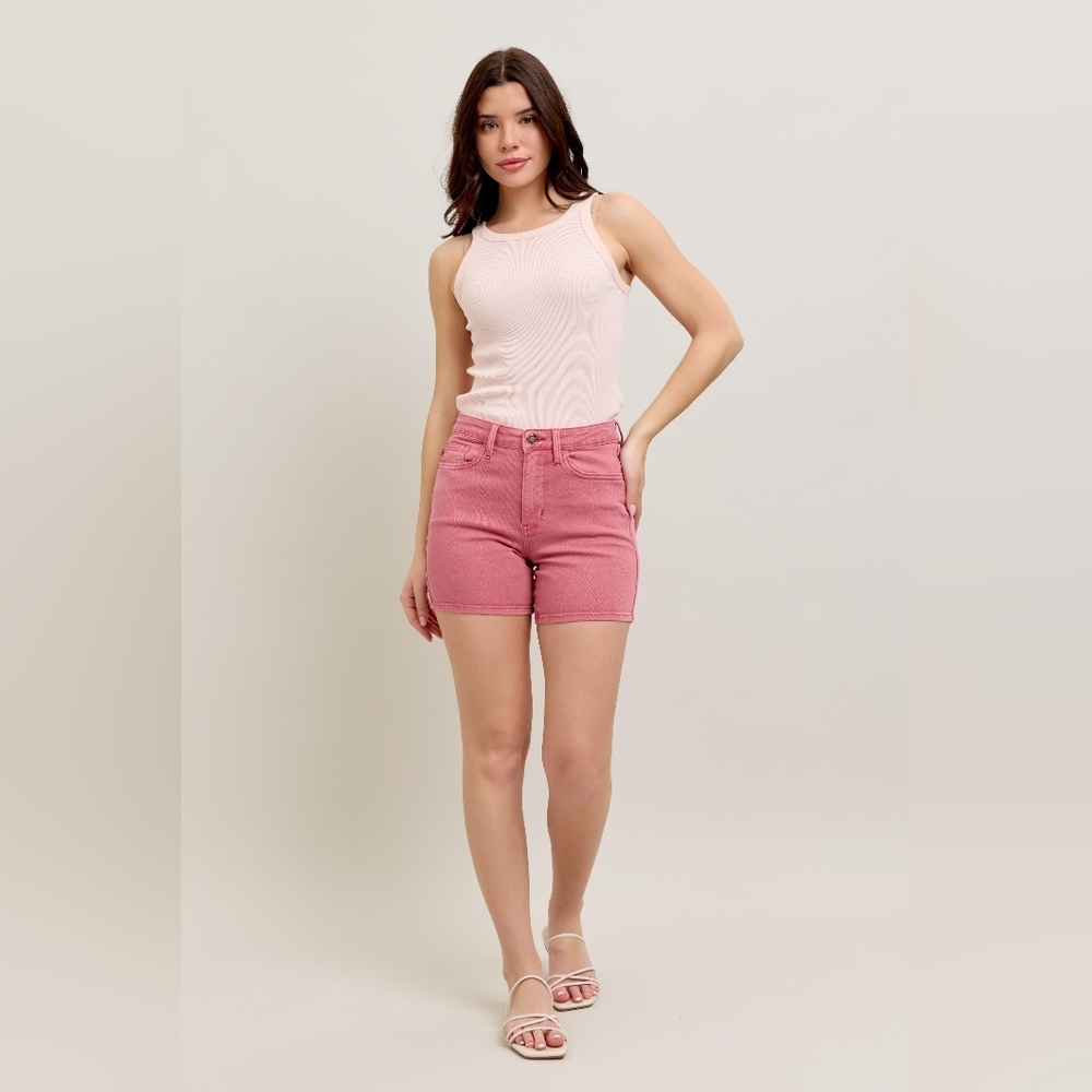 Judy Blue High Rise Classic Denim Midi Shorts Pocket Design Rose Pink Barbie NEW